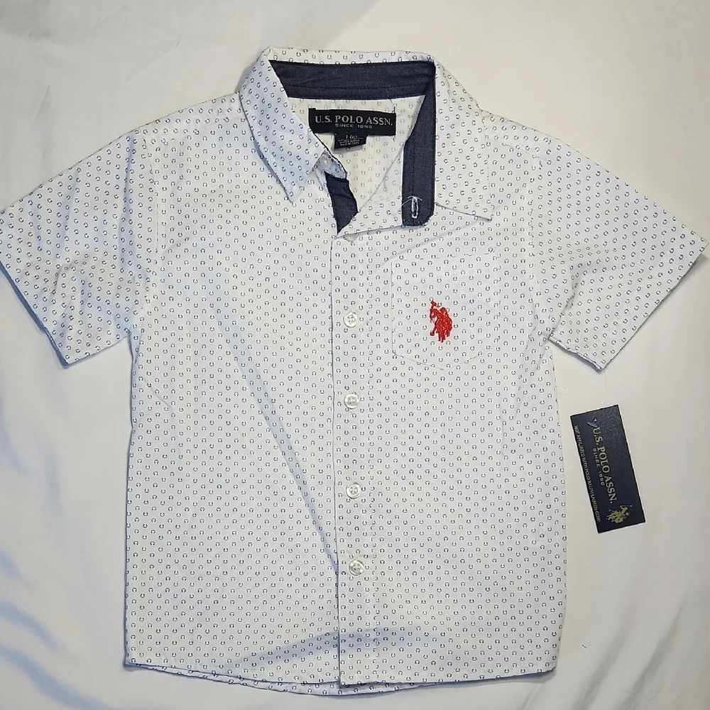 U.S. Polo Assn Boys Button Down Shirt XL(7) White Head Phone Print Short Sleeve